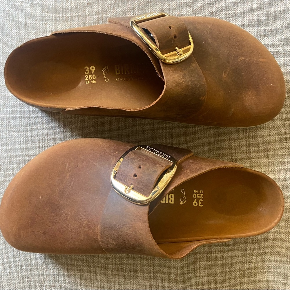 Birkenstock clogs Basel Big gold Buckle oiled leather antique brown size 39